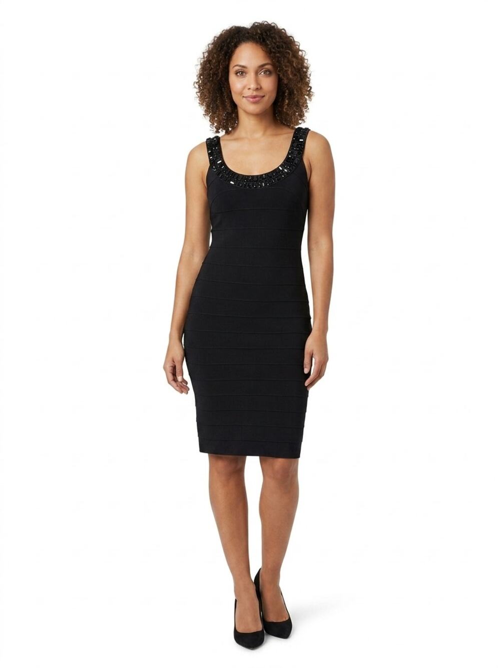 6ip9 Carmen Marc Valvo Black Beaded Ribbed Bandage Bodycon Dress Women Size M